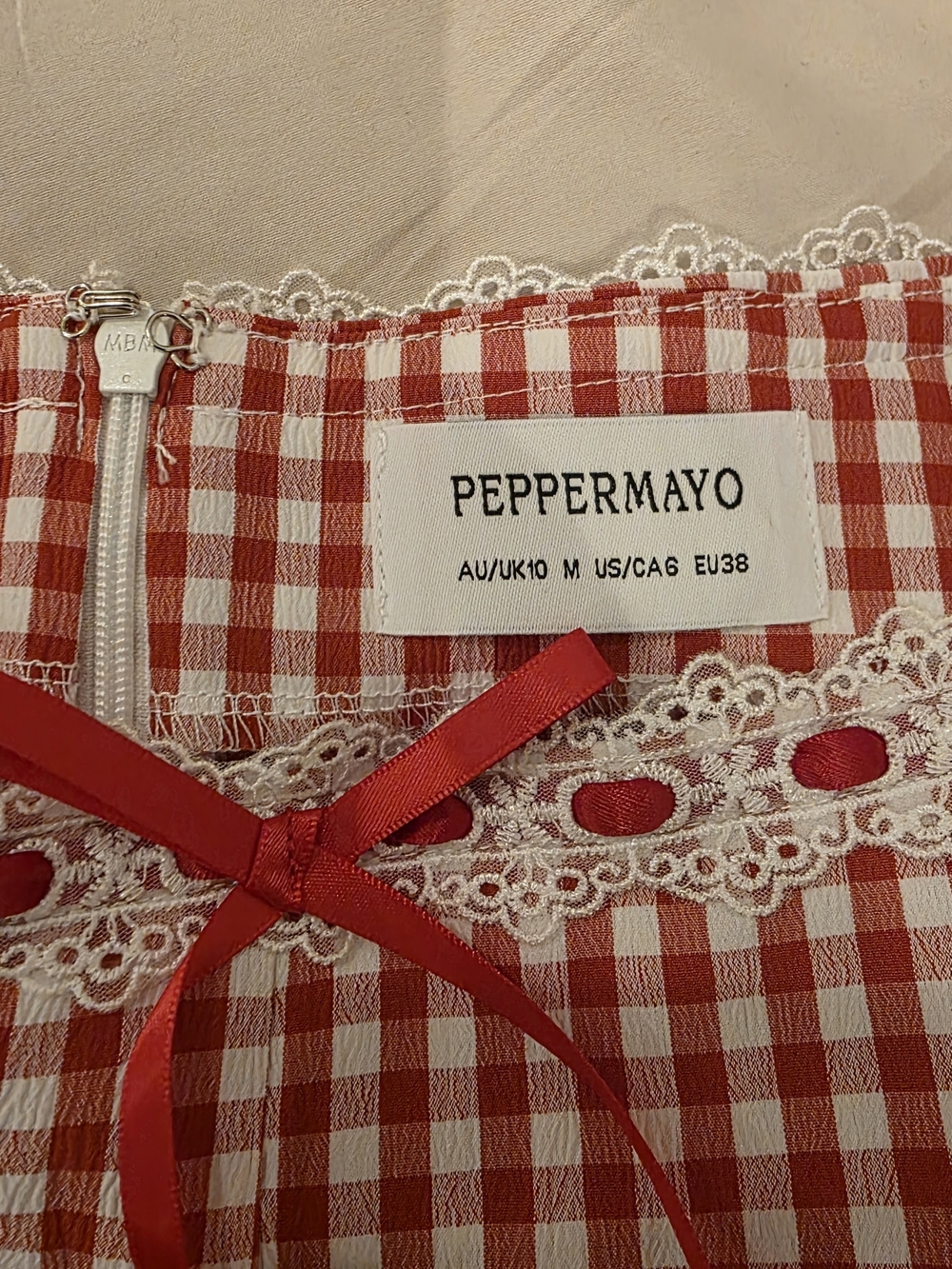 Peppermayo Red and White Gingham Lace-Trim Top with Bow - Picture 3 of 4